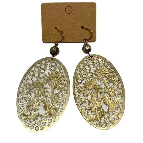 Forever 21 Goldtone Oval Earrings Lace Lattice Etched Dangle Hook Boho NWOT - Picture 1 of 8